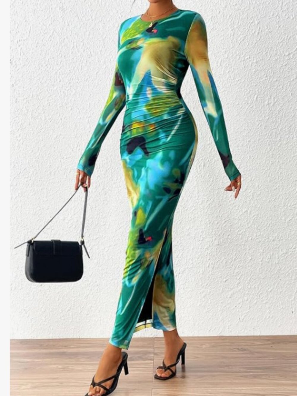 Women's Bodycon Maxi Dress Long Sleeve Floral Print Mesh